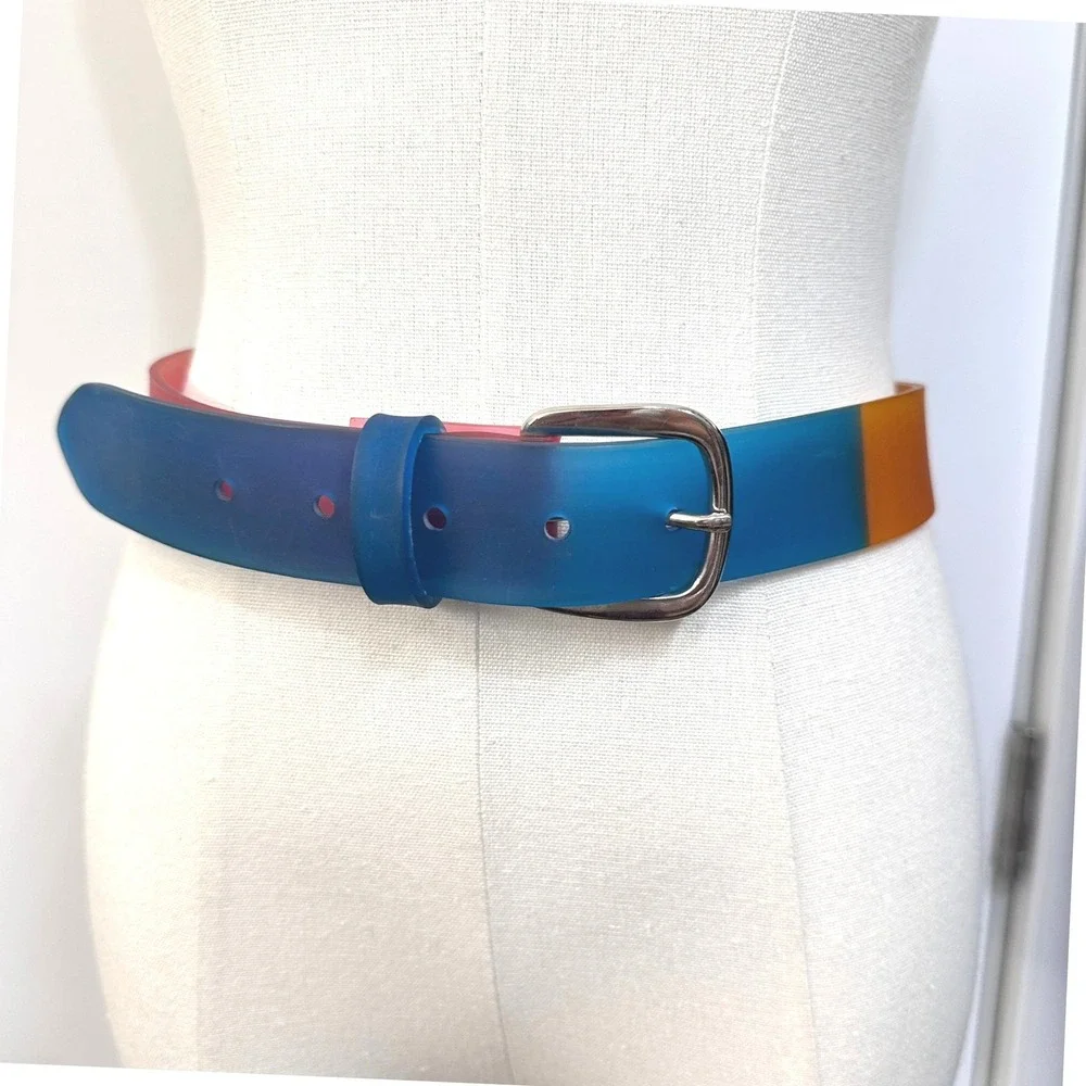 Vintage 90s Translucent Vinyl Belt Medium Rainbow Color Block Made USA